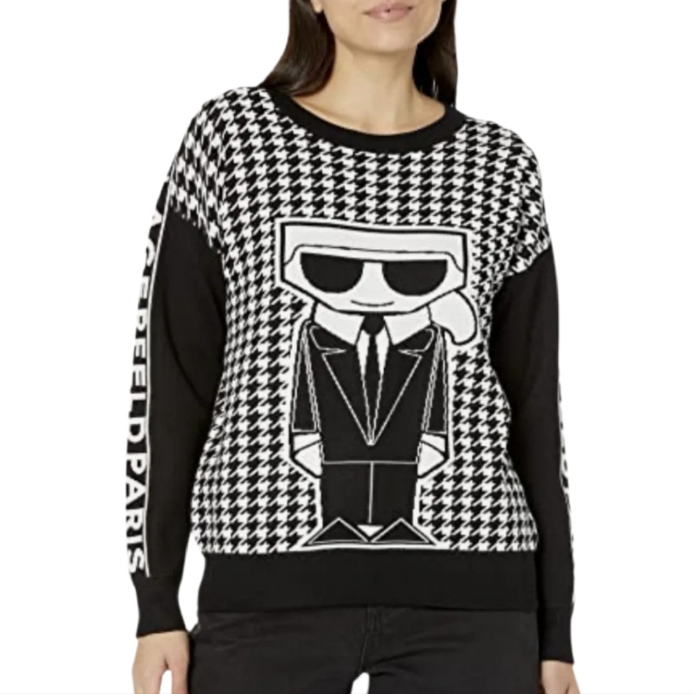 Karl Lagerfeld Women's Black White Herringbone Karl Sweater‎ Small